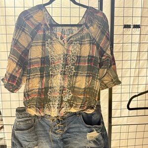Hollister Multicolor Plaid Blouse with Embroidery